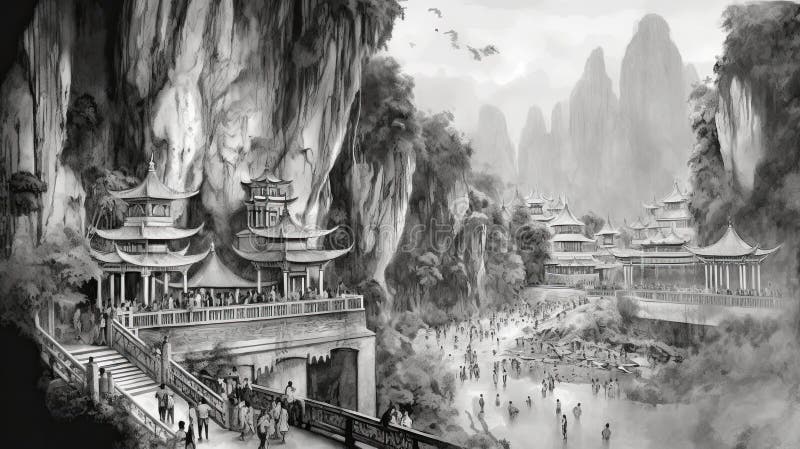 Batu Caves Malaysia Illustration in Black and White Pencil Sketch ...