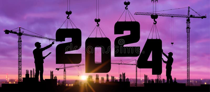 Bau von Kranen 2024 Jahr Zeichen. Das Team der schwarzen Silhouette bereitet sich auf das neue Jahr 2024 vor. lizenzfreie abbildung