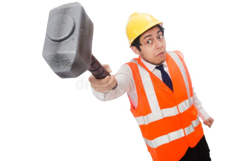 Bauarbeiter mit dem Hammer lokalisiert auf Weiß lizenzfreies stockbild Bauarbeiter mit dem Hammer lokalisiert auf Weiß lizenzfreies stockbild