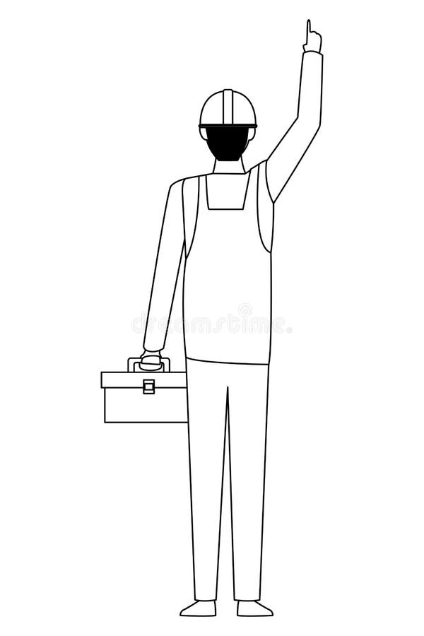 Bauarbeiter mit Werkzeugkasten rückwärts in Schwarzweiss. Bauarbeiter mit Vektor-Illustrationsgrafikdesign des Werkzeugkastens rückwärtigem