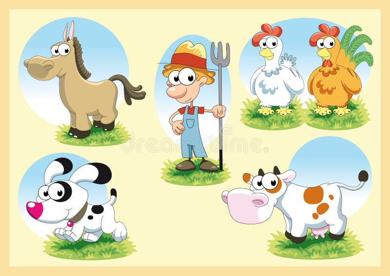 Farm Family - Vector Image: Peasant, cow, dog, horse and Chicken. Farm Family - Vector Image: Peasant, cow, dog, horse and Chicken