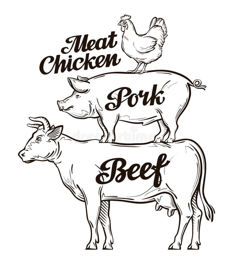 Bauernhof, Tierzucht, Viehzucht, Tierhaltung Rindfleisch, Schweinefleisch und Hühnerfleisch Kuh, Schwein, Hahnvektor