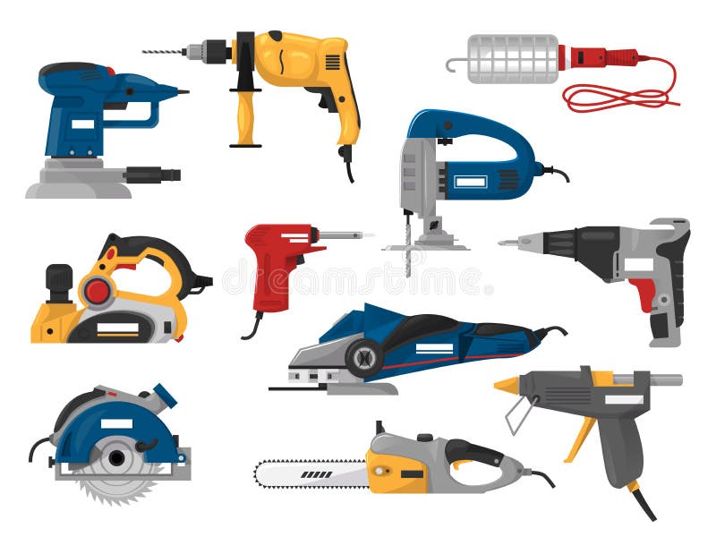 Baugerät-Kreis-sägemachthobelschleiferillustrations-Maschineriesatz des Elektrowerkzeugvektors elektrischer von vektor abbildung Baugerät-Kreis-sägemachthobelschleiferillustrations-Maschineriesatz des Elektrowerkzeugvektors elektrischer von vektor abbildung