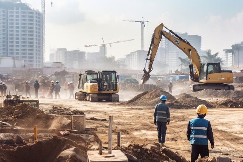 team of builders using excavators and bulldozers carry out excavation work and prepare construction site for construction of new building,concept of construction industry,technology and engineering. team of builders using excavators and bulldozers carry out excavation work and prepare construction site for construction of new building,concept of construction industry,technology and engineering