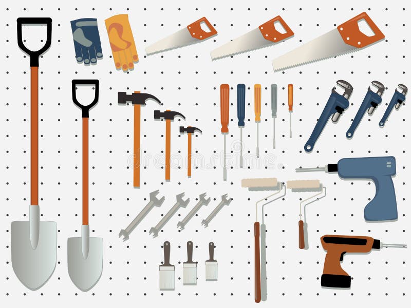 Display wall of a hardware store filled with assorted tools, EPS 8 vector illustration. Display wall of a hardware store filled with assorted tools, EPS 8 vector illustration