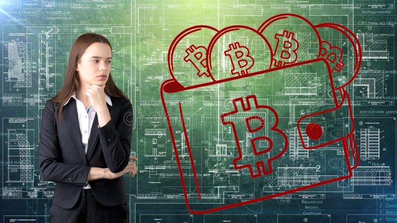 Bauty bedrijfsvrouw die zich in kostuum met Bitcoin-Embleem bevinden om het gebruik van bitcoin voor handel of geldoverdracht te royalty-vrije stock foto's Bauty bedrijfsvrouw die zich in kostuum met Bitcoin-Embleem bevinden om het gebruik van bitcoin voor handel of geldoverdracht te royalty-vrije stock foto's