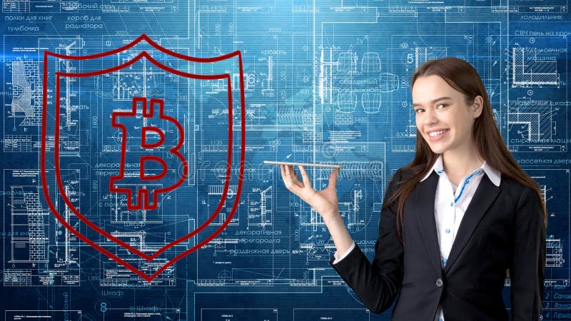 Bauty business woman standing in suit with Bitcoin Logo to illustrate the use of bitcoin for trading or money transfer. stock photo Bauty business woman standing in suit with Bitcoin Logo to illustrate the use of bitcoin for trading or money transfer. stock photo
