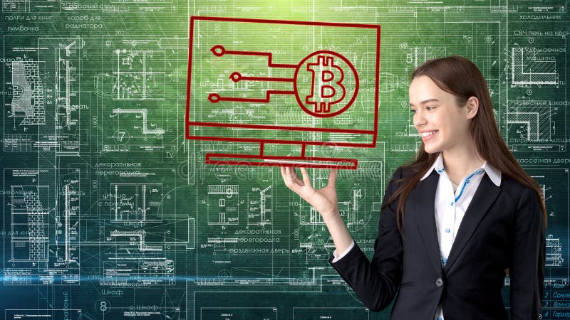 Bauty business woman standing in suit with Bitcoin Logo to illustrate the use of bitcoin for trading or money transfer. royalty free stock images Bauty business woman standing in suit with Bitcoin Logo to illustrate the use of bitcoin for trading or money transfer. royalty free stock images