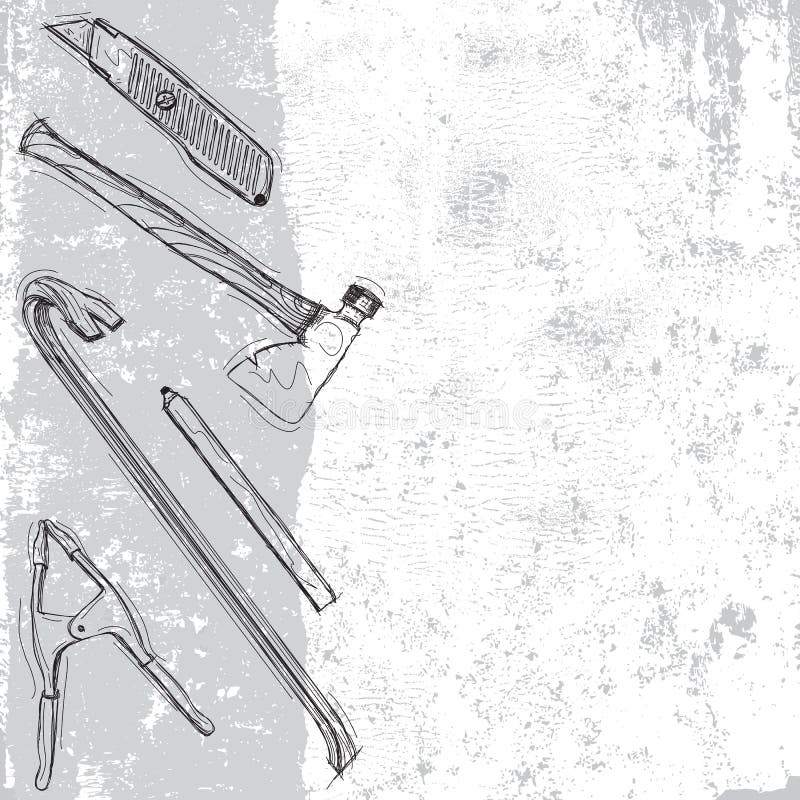 Sketchy, hand drawn construction tools over an abstract background. The items included are a clamp, carpenter's pencil, crowbar, rig builder's hatchet, and a utility knife. Sketchy, hand drawn construction tools over an abstract background. The items included are a clamp, carpenter's pencil, crowbar, rig builder's hatchet, and a utility knife.