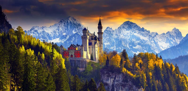 Germany. Famous Neuschwanstein Castle in the background of trees with yellow and green leaves and valley