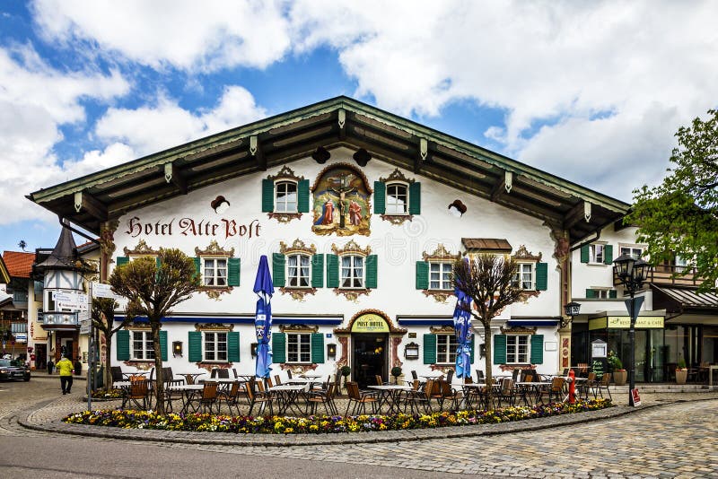 Bavaria, Germany. Painting house in village Oberammergau, Hotel and cafeteria