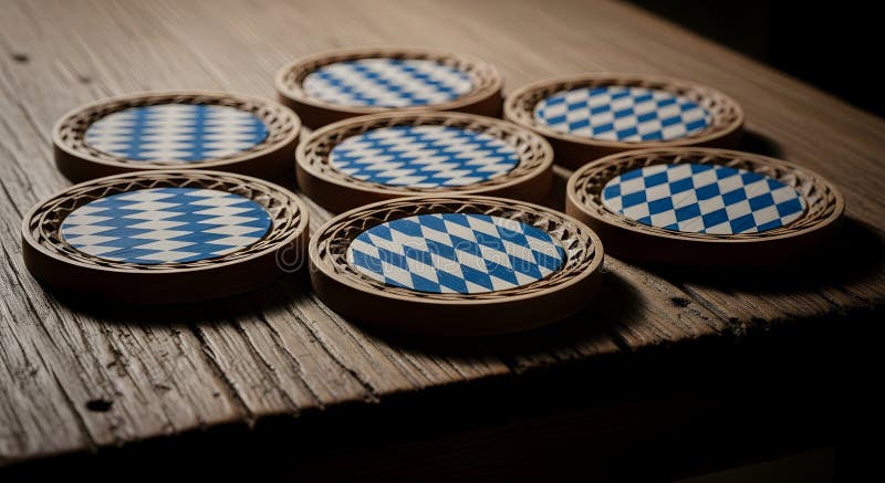 A close-up view of multiple round wooden coasters featuring the iconic blue and white diamond pattern reminiscent of the Bavarian flag. These traditional drink accessories are artfully arranged on a textured, rustic wooden table, highlighting their craftsmanship and classic design. Perfect for home decor, cultural themes, or product showcases. Bavarian flag blue illustrations