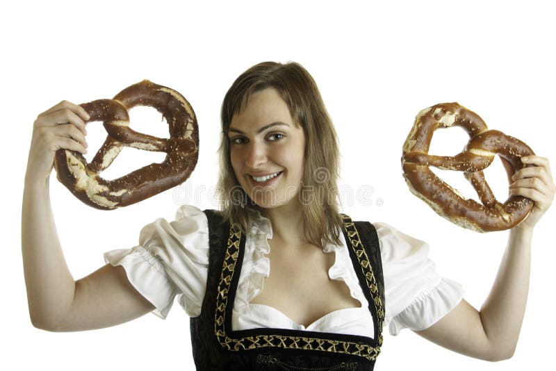 Bavarian Girl holds Oktoberfest Pretzels