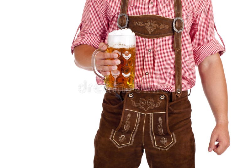 Bavarian man holds Oktoberfest beer stein