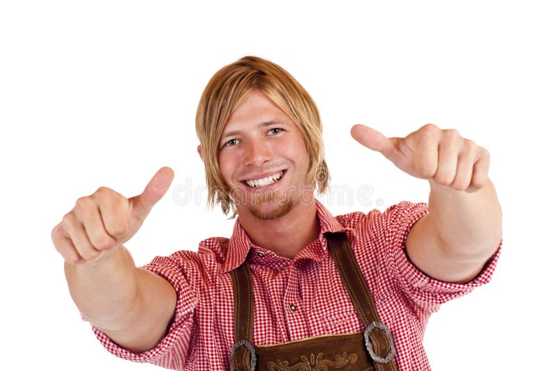 Bavarian man with Lederhose shows both thumbs up