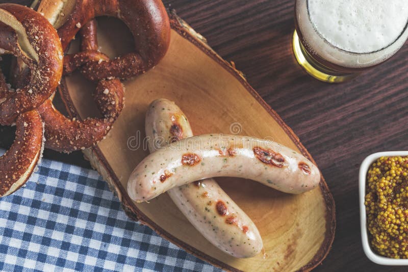 The bavarian weisswurst, pretzel and mustard