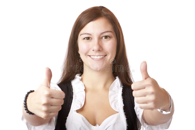 Bavarian Woman with dirndl showing thumbs up.