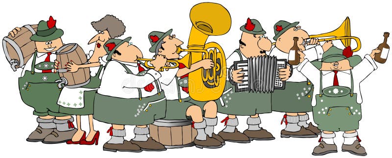 Illustration showing Bavarians having an Oktoberfest party with a brass band and kegs of beer. Illustration showing Bavarians having an Oktoberfest party with a brass band and kegs of beer.