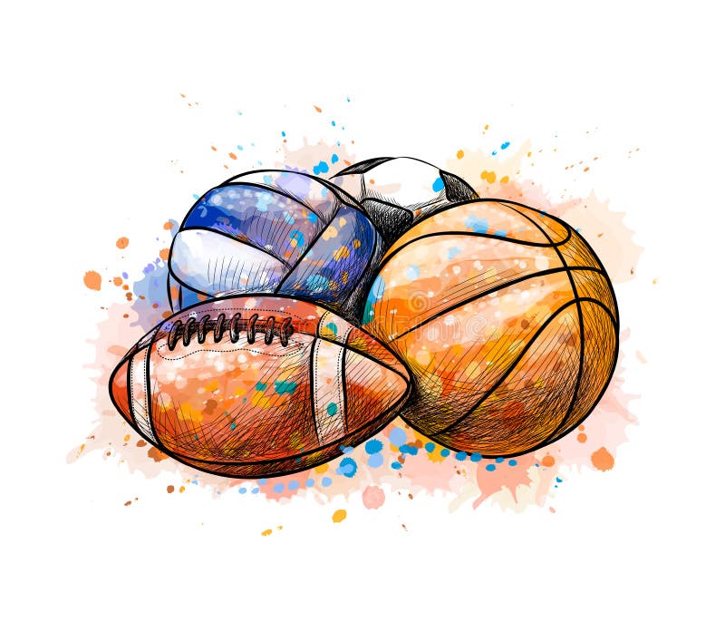 Bawi się piłki koszykówki inkasową futbolową siatkówkę od pluśnięcia akwarela ilustracji Bawi się piłki koszykówki inkasową futbolową siatkówkę od pluśnięcia akwarela ilustracji