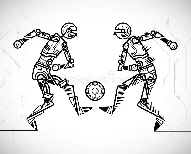 Bawić się robot piłkę nożną. Robot bawić się futbol na techniki tle również zwrócić corel ilustracji wektora