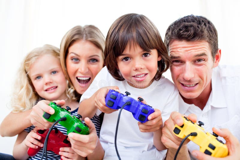 Animated family playing video game against a white background. Animated family playing video game against a white background