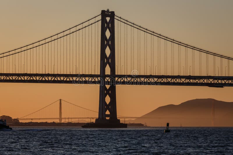 Bay and Golden Gate Bridges in San Francisco at sunset