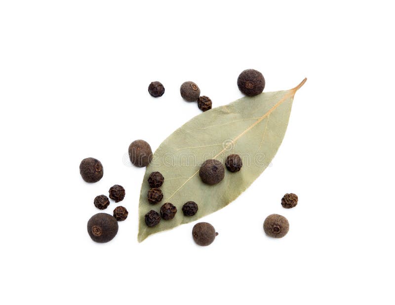 Bay Leaf with Allspice Isolated on White Background. Falling Spices