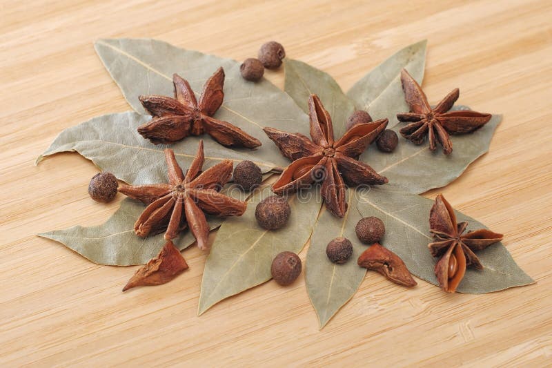 Bay Leaf, Allspice, and Star Anise on a Wooden Table Stock Image Image of kitchen, recipe