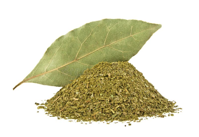 Bay Leaf and Crushed Bay Leaves Isolated on a White Background Stock