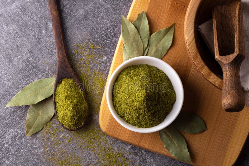 Bay Leaf Powder and Leaves. Bay Leaf Closeup. Stock Photo Image of