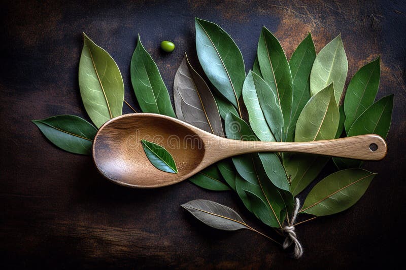 Bay Leaves with Wooden Spoon Over Wooden Rustic Table. Stock Image
