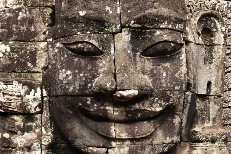 Bayon temple stone face in detail, Angkor wat, Cam