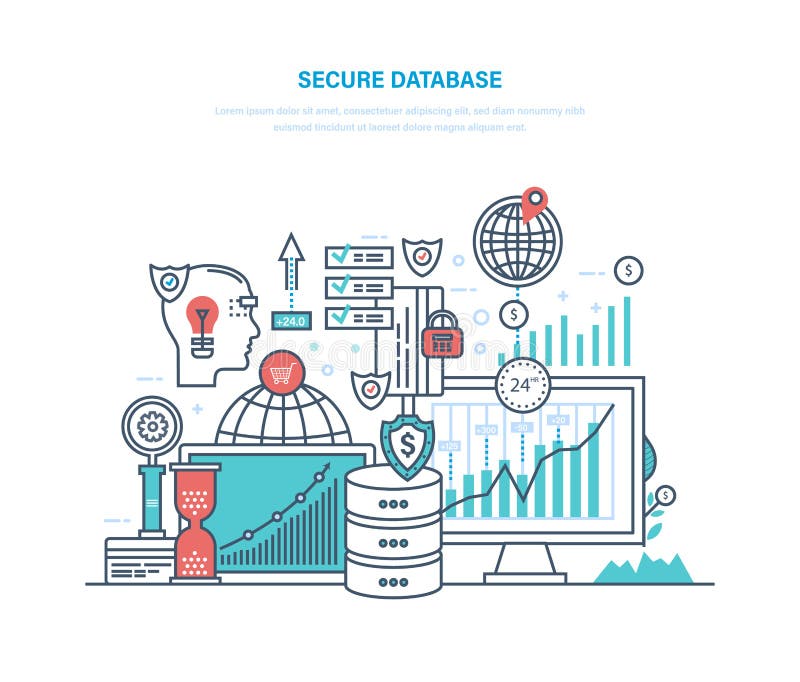 Bază de date securizată. arhivarea informațiilor despre fișierele de backup pentru protecția datelor. vector illustration