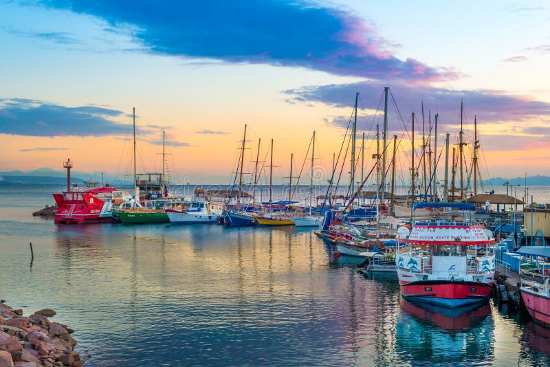 Colorful boats docking in Eilat Bay, Israel. Colorful boats docking in Eilat Bay, Israel