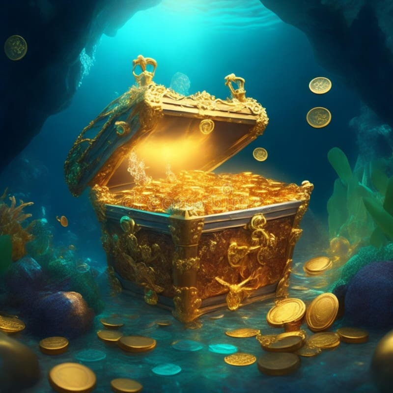Treasure S Chest. Shipwrecked Bay. Gold Coins in a Chest Under the Sea