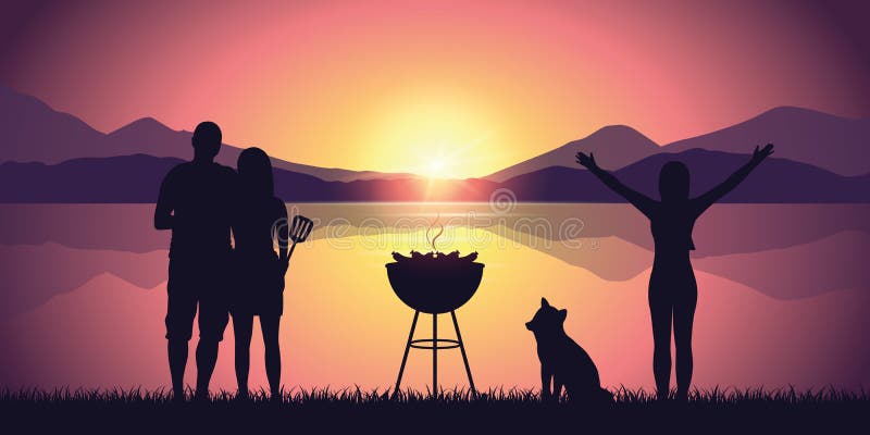 BBQ avec des amis par le lac avec le paysage pourpre de Mountain View au coucher du soleil illustration libre de droits BBQ avec des amis par le lac avec le paysage pourpre de Mountain View au coucher du soleil illustration libre de droits