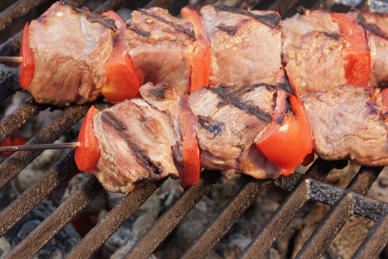 BBQ Beef Kebabs Mixed with Vegetables on the Hot Charcoal Grill Stock