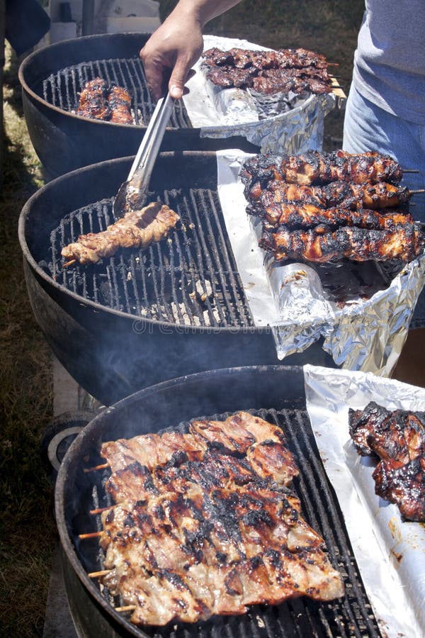 BBQ Beef, Pork and Chicken on a Stick on a Hot Grill Stock Image
