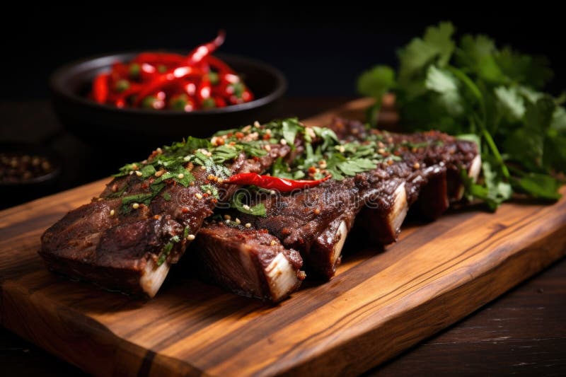 Bbq Beef Ribs Served with Crispy Chilli Pepper and Coriander Stock