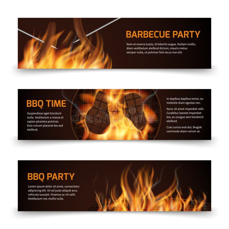 Bbq de horizontale vectordiebanners van de grillpartij met realistische hete brand worden geplaatst stock illustratie Bbq de horizontale vectordiebanners van de grillpartij met realistische hete brand worden geplaatst stock illustratie