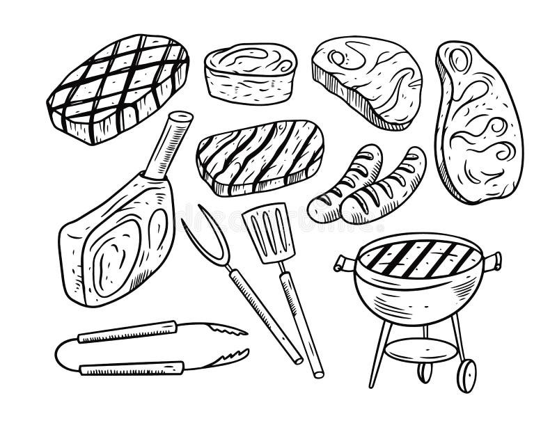 BBQ Doodle Elements Set. Hand Drawing Black and White Colors. Engraving ...