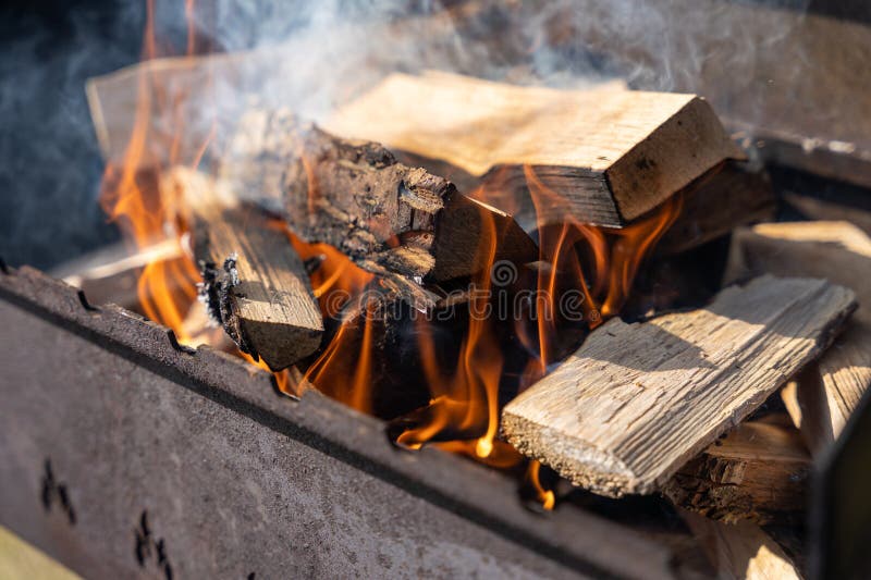 BBQ Grill with Flaming Firewood Stock Image Image of fiery, light
