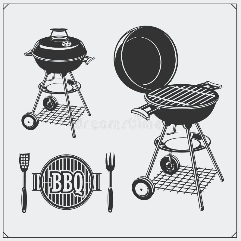 BBQ and grill labels set. Barbecue emblems and badges. Vector monochrome illustration. stock illustration