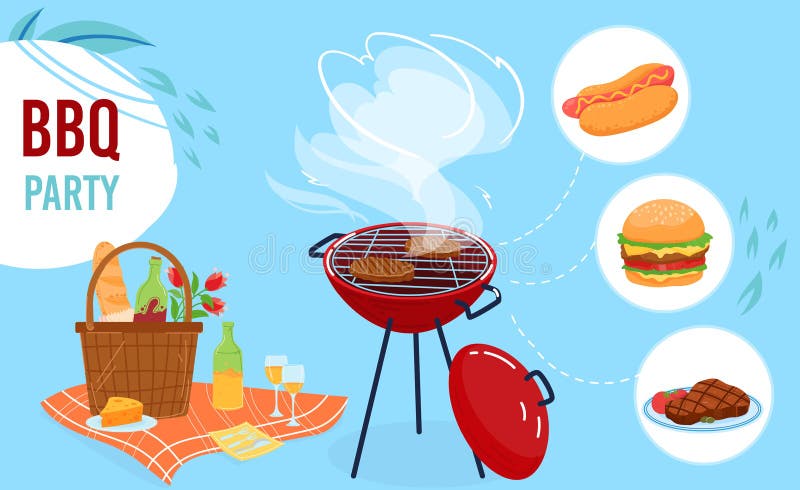 Bbq Grill Party Flat Vector Illustration, Cartoon Summer Outdoor