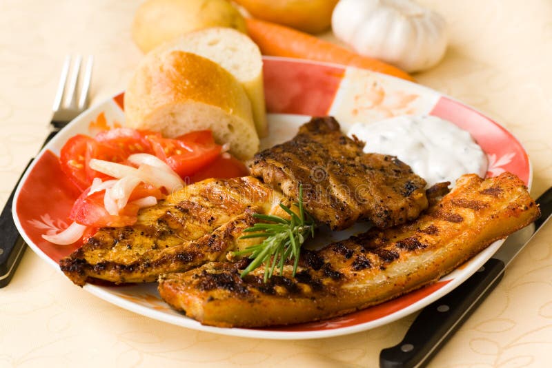 Bbq , grilled cutlet and bacon with salad