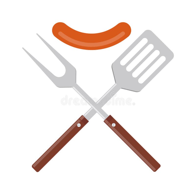 BBQ lub grilla narzędzi ikona Krzyżująca grill szpachelka z kiełbasą i rozwidlenie ilustracji BBQ lub grilla narzędzi ikona Krzyżująca grill szpachelka z kiełbasą i rozwidlenie ilustracji