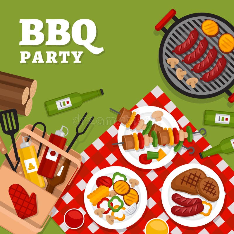 Bbq-Parteihintergrund mit Grill Grillplakat Flache Art, VE vektor abbildung Bbq-Parteihintergrund mit Grill Grillplakat Flache Art, VE vektor abbildung