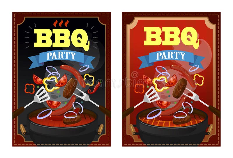 BBQ party design template with barbecue equipment, grilled sausages, steaks and vegetables. Colorful bbq design template. Vector stock illustration BBQ party design template with barbecue equipment, grilled sausages, steaks and vegetables. Colorful bbq design template. Vector stock illustration