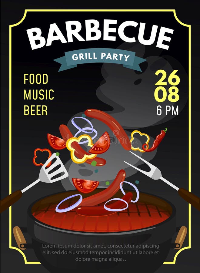 BBQ party design template with grilled sausages and vegetables. Grill time poster. Vector illustration stock illustration BBQ party design template with grilled sausages and vegetables. Grill time poster. Vector illustration stock illustration