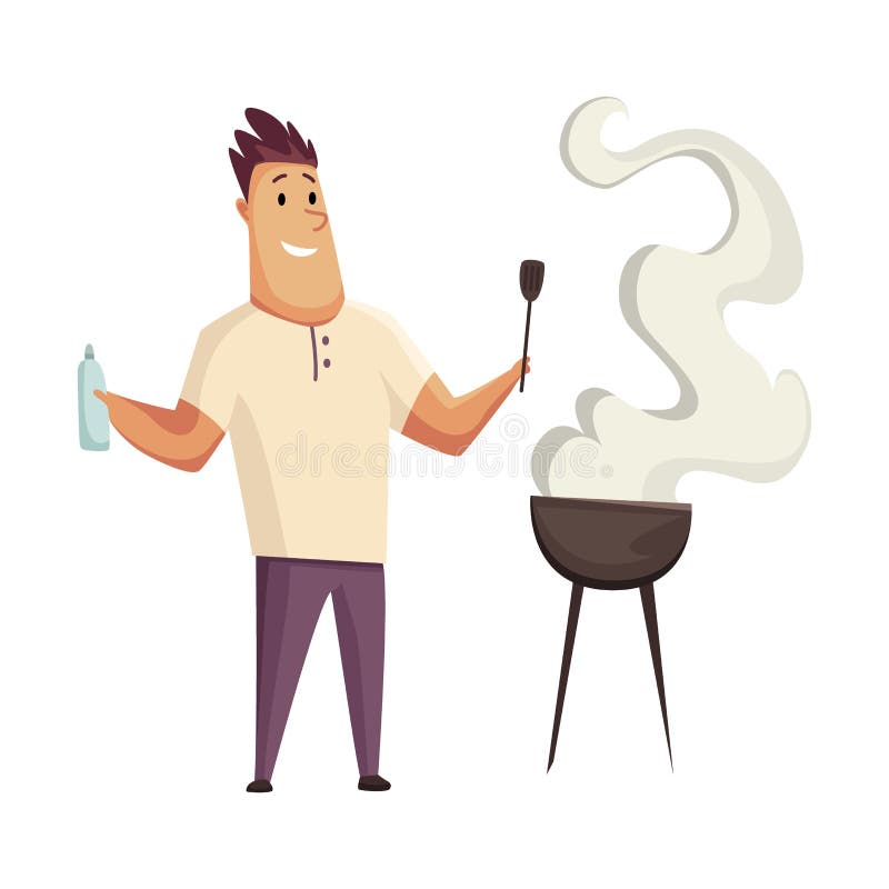 BBQ party. Man with a barbecue grill. Picnic with fresh food steak and sausages. Happy smiling man character cooking a stock illustration BBQ party. Man with a barbecue grill. Picnic with fresh food steak and sausages. Happy smiling man character cooking a stock illustration